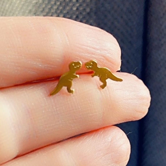 14k Gold Tiny Dinosaur Stud Earrings - Picture 6 of 7